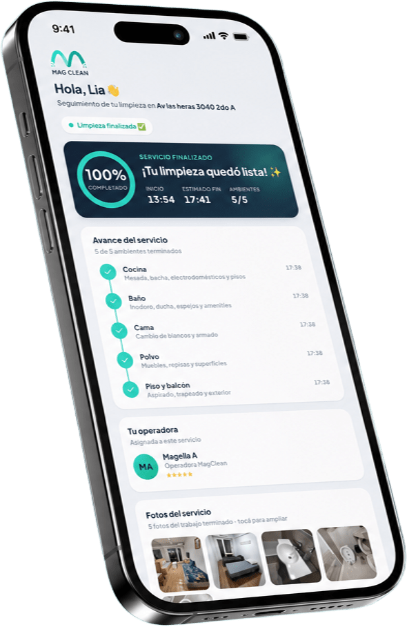 App MagClean mostrando el seguimiento en tiempo real de una limpieza